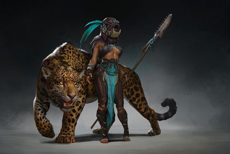 The Jaguar, Aleksandra Skiba on ArtStation at https://www.artstation.com/artwork/Z5vEVw Aztec Warrior, Aztec Art, Mexican Culture, Fantasy Warrior, Animal Companions, Fantasy Rpg, Monster Hunter, Dnd Characters, Character Portraits