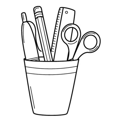 Pencil holder with a ruler, scissors, pe... | Premium Vector #Freepik #vector #pencil-doodle #pencil-drawing #pen-drawing #pencil-sketch Pen Pencil Drawing, Pencil Box Drawing, Pencil Case Drawing, Classroom Drawing, Book And Pencil, Pen Vector, Pencil Vector, Black White Illustration, Doodle Pencil