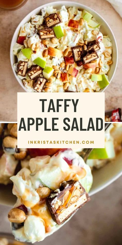 Taffy Apple Salad is an easy recipe that easily transitions between being a fabulous side salad and a simple dessert. This apple recipe is perfect for fall gatherings during the fall apple season. Taffy Apple Salad is sweet and tart with Granny Smith & Honeycrisp Apples, vanilla whipped cream, Snickers pieces, marshmallows, pineapple, crunchy peanuts and caramel sauce. It's a super easy recipe for potlucks, holidays and weeknight dinners. Head over to the blog for the recipe, and my expert tips. Granny Smith Apples Recipes, Butternut Squash Side Dish, Taffy Apple Salad, Taffy Recipe, Caramel Apple Salad, Snicker Apple Salad, Snickers Salad, Taffy Apple, Fall Fun Food