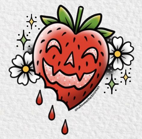 Traditional Tattoo Halloween, Strawberry Tattoos, Tattoo Ticket, Strawberry Tattoo, Petit Tattoo, Gold Tattoo, Kawaii Tattoo, Creepy Tattoos, Spooky Tattoos