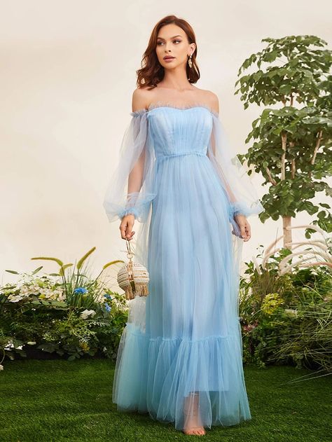 SHEIN Off Shoulder Lettuce Trim Ruffle Hem Mesh Bridesmaid Dress | SHEIN USA Baby Blue Dress Formal, Baby Blue Wedding Dresses, Blue Baby Shower Dress, Cinderella Prom Dress, Baby Blue Prom Dresses, Blue Wedding Guest Dresses, Light Blue Bridesmaid, Mesh Bridesmaids Dress, Dama Dresses