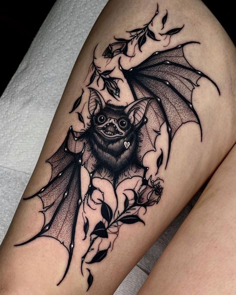 Angelo Parente on Instagram: “Bat and Roses 🤍🥀 . . . #blackworkers #inkedmag #eternalink #battattoo #darktattoo #rosetattoos #spiderwebtattoo #btattooing #tttpublishing…” Bat Tattoo Forearm, Bat Forearm Tattoo, Tatuaje Trash Polka, Bats Tattoo Design, Goth Tattoo, Bat Tattoo, Wicked Tattoos, Witch Tattoo, Spooky Tattoos