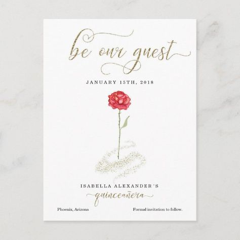 Beauty & the Beast Quinceañera Save the Date Announcement Postcard Couples Bridal Shower Invitations, Wedding Invitation Stationary, Postcard Format, Couples Bridal Shower, Couple Wedding Shower, Wedding Shower Invitations, Save The Date Magnets, Save The Date Postcards, Engagement Party Invitations