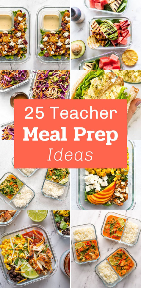 health recipe ideas for teacchers including thai curry, chicken and tuna salad, and burrito bowls Make Ahead Lunch Bowls, Teacher Lunch Ideas, Lunch Bowl Recipes, Healthy Make Ahead Lunch, Rice Bowls Vegetarian, Weekly Meal Prep Healthy, Easy Lunch Meal Prep, Easy Lunch Prep, Easy Vegetable Lasagna