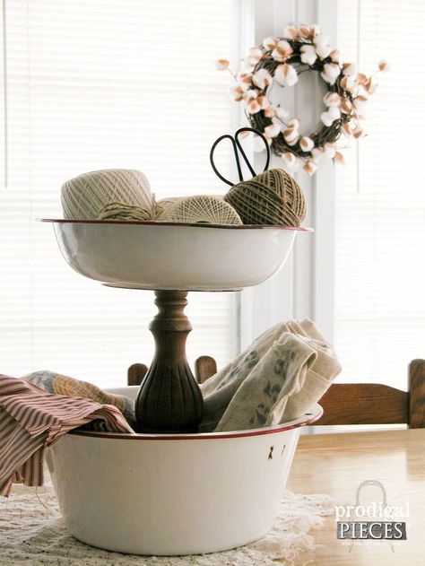 Antique Bathroom Ideas Farmhouse Style, Enamelware Decor Ideas, Metal Bowl Decor Ideas, Metal Bowls, Tiered Tray Stand, Tiered Stand, Farmhouse Decoration, Repurposed Items, White Farmhouse