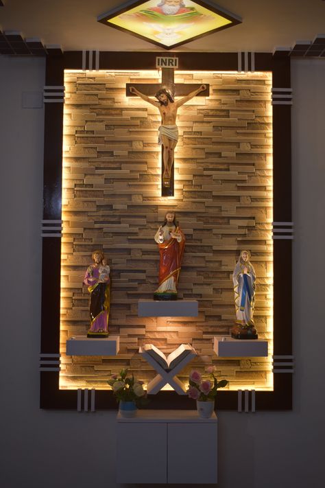 description Catholic Altar Home Ideas, Wall Altar Ideas Catholic, Catholic Home Altar Ideas Living Rooms, Home Altar Catholic, Prayer Room Ideas, Prayer Garden, Catholic Altar, Altar Design, Catholic Decor