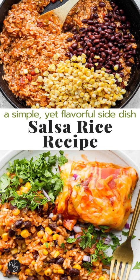 Mexican Rice And Corn Recipe, Tex Mex Rice And Beans, Spanish Rice With Corn, Rice Black Beans Corn Recipe, Spanish Rice Recipe With Salsa, Enchilada Side Dish Ideas, Mexican Rice With Corn, Rice Corn Black Beans, Mexican Side Dishes Easy