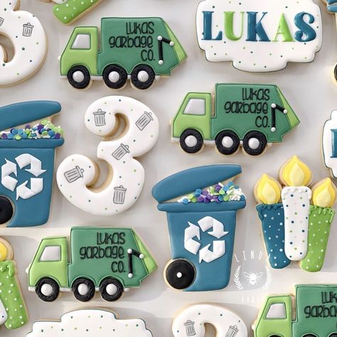 Garbage Truck Birthday Cookies, Garbage Truck Cookies Decorated, Garbage Truck 3rd Birthday Party, Garbage Truck Birthday Party Cake, Garbage Truck Party Food, Trash Truck Cookies, Garbage Truck Cookies, Garbage Cookies, Garbage Truck Birthday Party