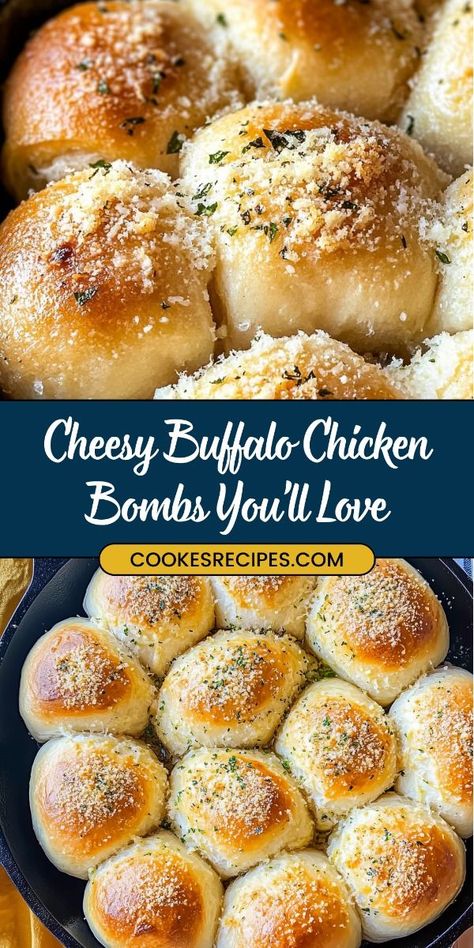 These Buffalo Chicken Bombs are the ultimate snack or appetizer! Stuffed with creamy Buffalo chicken and a mix of gooey cheeses, baked to golden perfection, and served with blue cheese dressing and hot sauce. Perfect for game day or a fun party snack! #BuffaloChickenBombs #CheesySnacks #GameDayRecipes #PartyFoodIdeas #EasyAppetizers Buffalo Chicken Bites Baked, Chicken Apps, Buffalo Chicken Appetizers, Blue Cheese Chicken, Cheesy Buffalo Chicken, Creamy Buffalo Chicken, Buffalo Chicken Bites, College Cooking, Spicy Buffalo Chicken