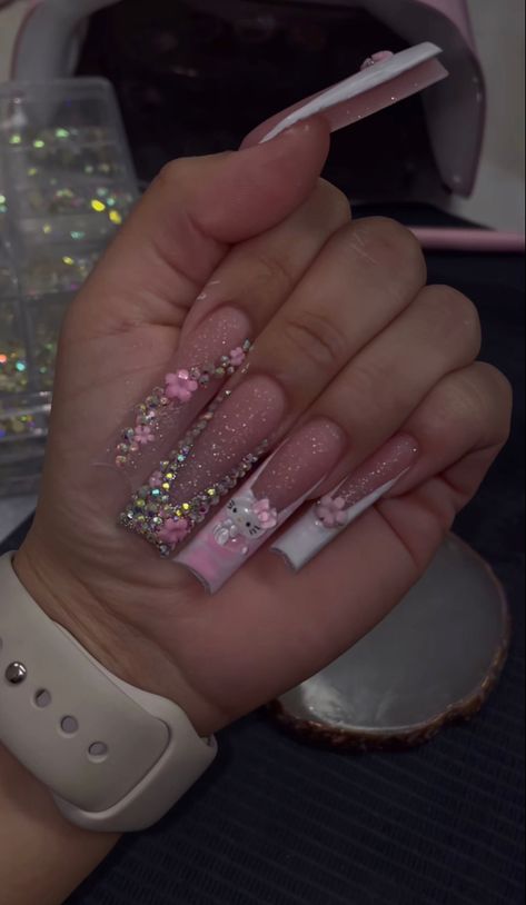 Pretty Long Nails Acrylic, Glitter Base Nails, Bling Out Nails, Xl Square Nails, Long Birthday Nails, Glam Birthday Nails, Blinged Nails, Pink Gem Nails, Blinged Out Nails