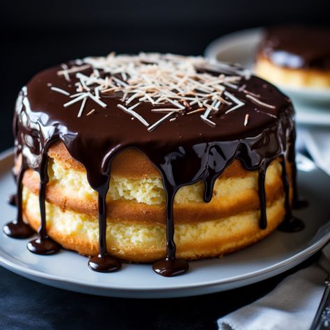 Boston Cream Cake. Picture layers of moist, golden cake sandwiching luscious custard and topped with a glossy chocolate glaze. Join me on this culinary Boston Cream Cake Recipe, Cake With Custard, Boston Cream Cake, Cake Leveler, Cream Cake Recipe, Decorate A Cake, Golden Cake, Boston Cream Pie, Smooth Cake