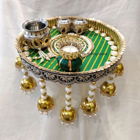 Pooja Thaali are ready to dispatch . Includes - Pooja Thaali Lota 2 boxes ( Roli / Chawal ) 1 candel Order yours now.. . Dm or WhatsApp 9557243888 / 9758751617 Thali Decoration Ideas Indian Weddings, Unique Arti Thali Decoration, Dipawali Decoration, Thali Cover, Diy Engagement Decorations, Arti Thali Decoration, Shaadi Decor, Chaturthi Decoration, Wedding Trays