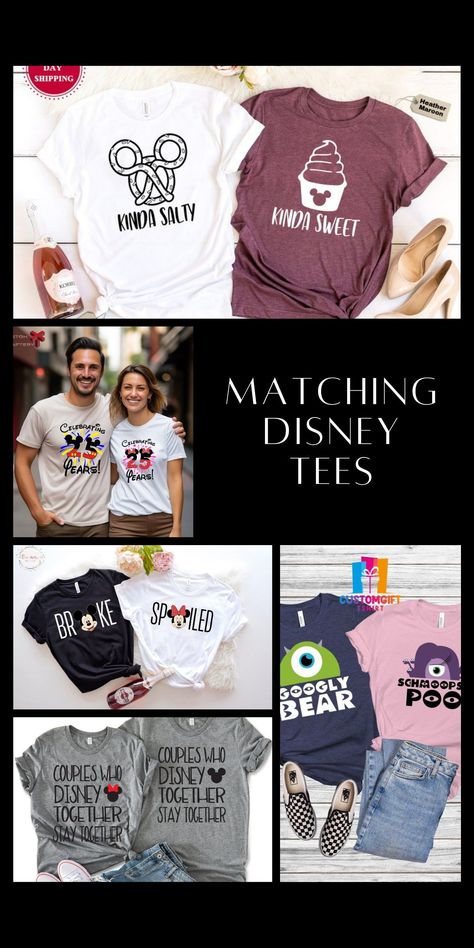 Finding the right matching Disney shirts for couples can be a challenge. Discover the best styles to make your trip extra special and memorable! Pin this now to ensure you have the perfect outfits. Disneyland Anniversary Shirts, Disney Park Couple Outfits, Husband And Wife Disney Shirts, Matching Disney Outfits Couples, Couple Disney Bound, Anniversary Disney Shirts, Disney Bound Couples, Disney Couple Outfits Ideas, Disney Outfits Couples