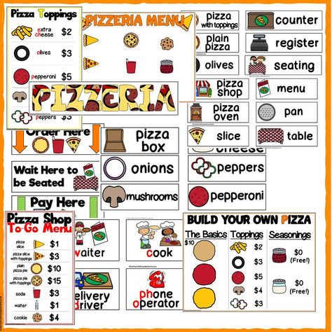 Pizza Shop, Pizzeria Dramatic Play Center Activities for 3K, Pre-K, Preschool, and Kindergarten! Transform an area of your classroom into a pizza parlor with these visuals, posters and activities. The activities included will help your students develop their cognitive, language, and social skills! Pizzeria Dramatic Play, Pizza Shop Dramatic Play, Play Pizza Shop, Pizzeria Menu, Letter Matching Activities, Pizza Parlor, Dramatic Play Center, Life Skills Classroom, Pizza Shop