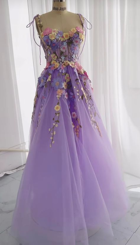 Purple Flowery Dress, Rapunzel Aesthetic Dress, Tangled Dress Inspired Outfits, Rapunzel Inspired Prom Dress, Tangled Inspired Dress, Rapunzel Dress Inspired, Tangled Wedding Dress, Purple And Yellow Dress, Rapunzel Inspired Dress