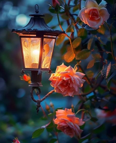 Soft Romantic Aesthetic, Red And Orange Roses, English Rose Garden, Night Pics, Moonlight Photography, Soft Pastel Colors, Rosé Aesthetic, Vintage Lanterns, Lantern Lamp