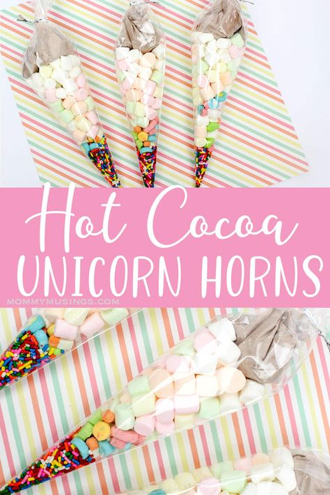 Hot Cocoa Birthday Party Ideas, Unicorn Party Treats, Unicorn Hot Chocolate Recipe, Hot Cocoa Gift Ideas, Unicorn Recipes, Easy Hot Cocoa, Hot Chocolate Favors, Unicorn Ideas, Xmas Goodies