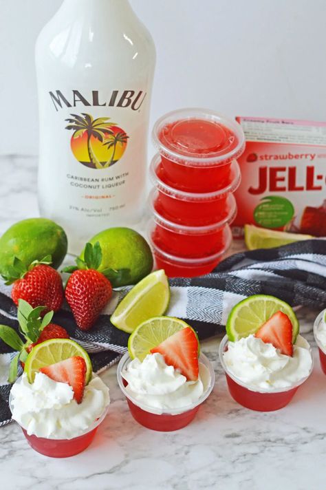 Strawberry Daiquiri Jello Shots - Planning Inspired Strawberry Malibu Jello Shots, Fiesta Jello Shots, Strawberry Jello Shots With Malibu Rum, Hello Shots With Malibu, 90s Theme Jello Shots, Pool Bbq Food, Shotcuterie Board, Booze Snacks, Strawberry Daiquiri Jello Shots