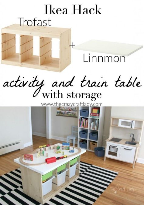 An Ikea Hack custom train and activity table with TONS of storage.  This is such an an EASY DIY project and a great way to get all of those toys up off the floor and organized once and for all! Ikea Storage Cubes, Small Space Storage Bedroom, Trofast Ikea, Storage Hacks Bedroom, Ikea Toy Storage, Ikea Toys, Diy Bedroom Storage, Craft Table Diy, Diy Muebles Ideas