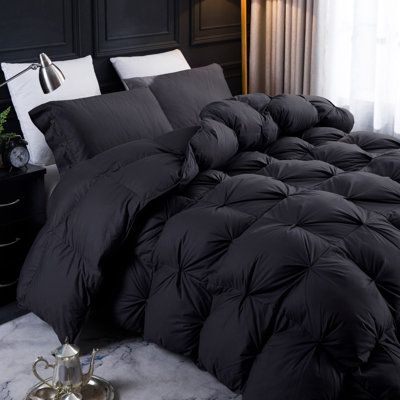 Filling 75% waterfowl feathers and 25% waterfowl down, 61oz fill weight, dry clean or professionally launder. | Latitude Run® Pinch Pleat Goose Feathers Down Comforter Queen Size Duvet Insert Black 90.0 x 90.0 x 0.5 in | C010043718 | Wayfair Canada Feather Comforter, Black Bed Set, Black Comforter, Grey Comforter, Cute Diy Room Decor, Down Comforters, King Size Duvet, Bedding Essentials, King Bedroom