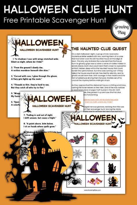 Free Halloween Clue Hunt Printable - Growing Play Clue Sheets Free Printable, Clue Cards Printable, Clue Game Printables, Halloween Clue Game, Halloween Facts For Kids, Clue Detective Notes Printable, October Birthday Parties, Printable Puzzles For Kids, Halloween Word Search