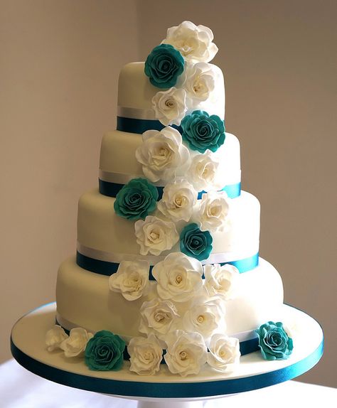 Colors and ribbon Teal And White Wedding Cake, Teal And White Wedding Decorations, Teal And Gray Wedding Ideas, Teal And Silver Wedding Decorations, Teal Wedding Cakes, Teal And Gray Wedding, Teal And White Wedding, Teal And Grey Wedding, Teal Wedding Cake