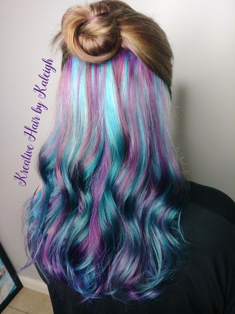 Peak A Boo Rainbow Hair Color, Mermaid Hair Color Peekaboo Blonde, Peak A Boo Hair Color Blonde, Blue Purple Pink Hair Peekaboo Highlights, Mermaid Hair Color Peekaboo, Kids Hair Color Ideas Girls Fun, Peekaboo Rainbow Hair, Kids Hair Dye Ideas, Rainbow Underneath Hair