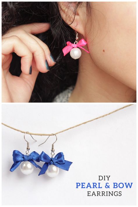 DIY Bow Pearl Earring Tutorial from Minted Strawberry.Make these... Earrings Diy Handmade How To Make, Make Necklaces Diy, Ribbon Diy Ideas, Cute Earrings Diy, Diy Earrings Easy, Art Nouveau Earring, Minnie Mouse Earrings, Pearls Diy, September Birthstone Jewelry