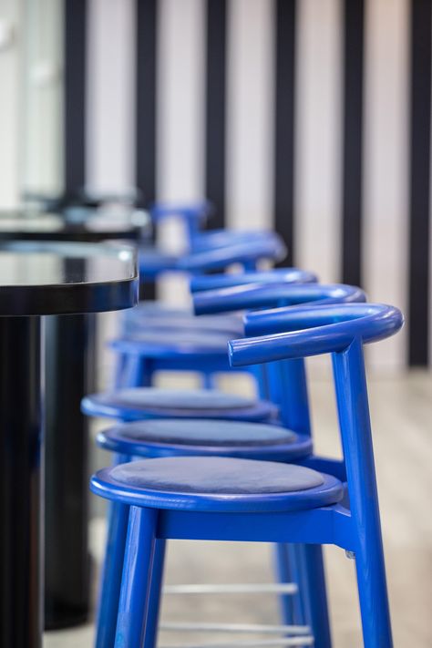 Electric Blue Interior, Blue Restaurant Interior, Electric Blue Aesthetic, Bar Stools Australia, Funky Bar, Blue Bar Stool, Purple Cafe, Blue Branding, Interior Reference