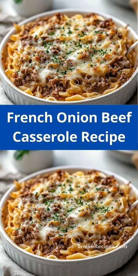 Craving something delicious and comforting? This easy French Onion Beef Casserole combines savory beef with the sweetness of caramelized onions, delivering a delightful twist on classic casserole recipes that everyone will enjoy. Casserole Recipes For Family, Onion Beef Casserole, French Onion Beef Casserole, Casserole Recipes With Ground Beef, French Onion Casserole, French Onion Beef, Ground Beef Noodles, Delicious Casserole Recipes, Onion Casserole