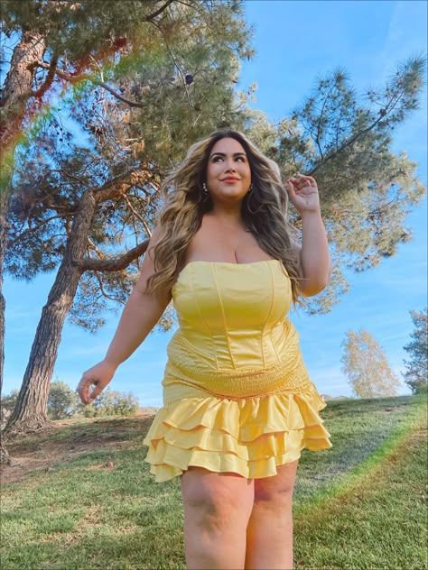 SPRING DRESS, SPRING FORMAL, BELLE, PRINCESS BELLE, BEAUTY AND THE BEAST Bright Outfits, Dress Aesthetic, Yellow Outfit, Yellow Aesthetic, Yellow Dress, Graduation Dress, Plus Size Fashion, Strapless Dress, Spring Fashion