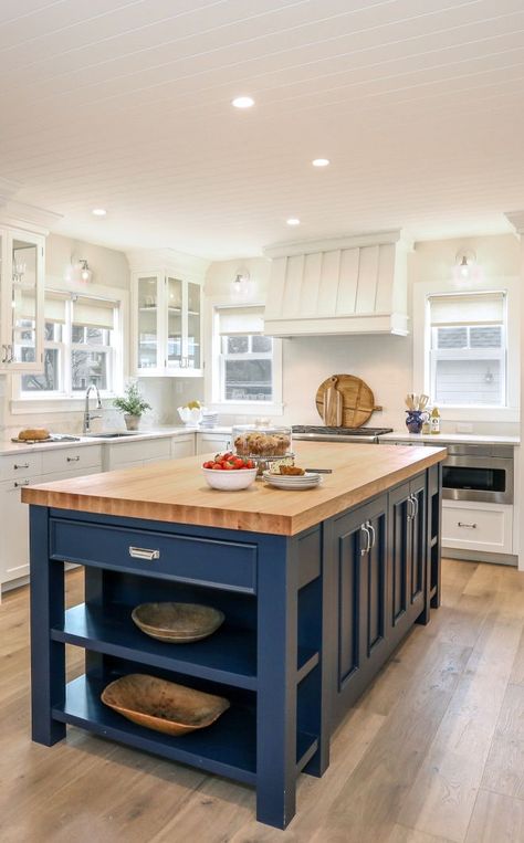 Kitchen with Blue Island White Kitchen With Butcher Block Island, Kitchen With Butcher Block Island, Blue Kitchen Island, Butcher Block Island, Kitchen Decor Inspiration, Small Kitchen Island, Rayong, Farmhouse Kitchen Island, Block Island