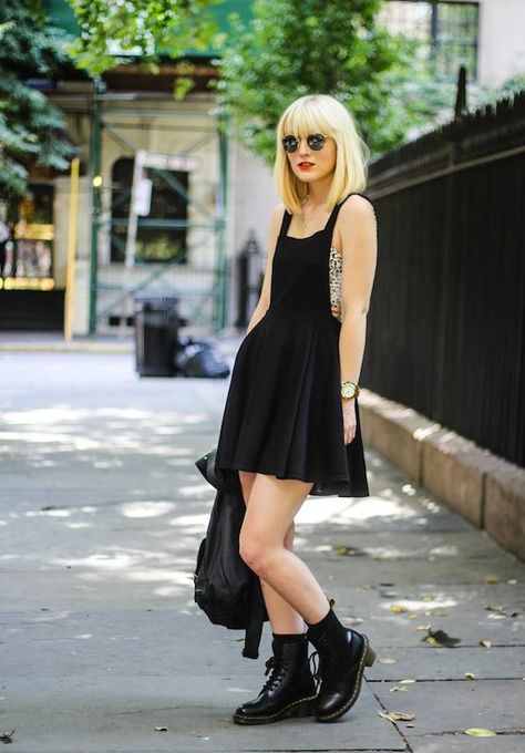 Black Dress With Doc Martens, Small Black Dress Outfits, Dr Martens Shop, Indie Outfits Alternative Fashion, Looks Street Style, Indie Outfits, Alternative Rock, Glam Rock, Grunge Style