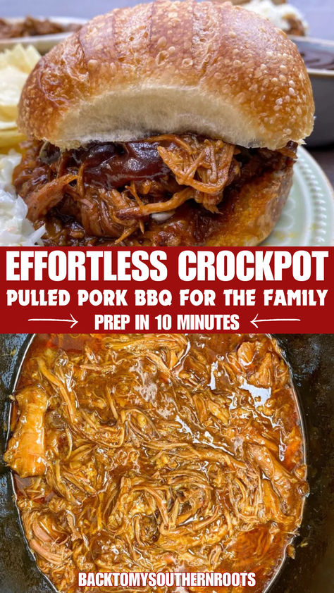 A delicious crockpot pulled pork BBQ sandwich served with coleslaw and potato chips on a plate, perfect for an effortless family meal prepared in just 10 minutes. Bbq Pork Sliders Crockpot, Best Pork For Pulled Pork, Pulled Pork Bone In Crock Pot Recipes, Best Pulled Pork Recipe Slow Cooker, Best Bbq Pulled Pork Slow Cooker, Pulled Pork Butts In The Crock Pot, Pulled Pork In The Crockpot, Pulled Pork Bbq Crockpot, Canned Pulled Pork Recipes Dinners