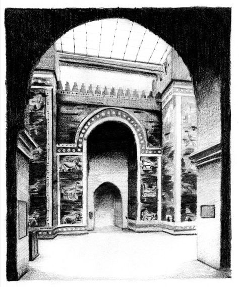 Ishtar Gate Sketch, Ishtar Gate Drawing, Babylonian Architecture, Ishtar Gate, Architecture Ancient, History Of Architecture, Historic Architecture, Architectural Drawings, Historical Architecture