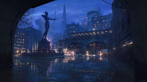 Philipp Dobrusin Scifi City, Steampunk City, Rainy City, City Sketch, Sci Fi City, Scenery Background, City Background, Dark City, Perspective Art