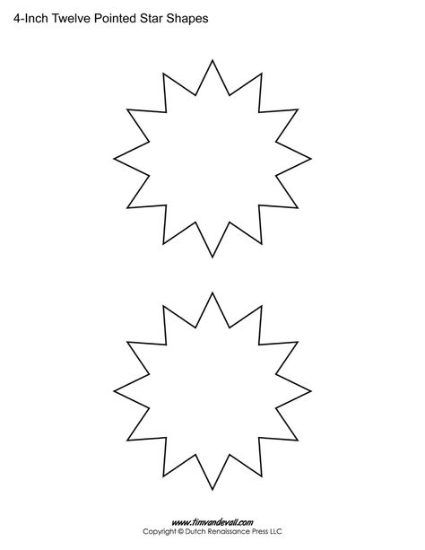 Download a PDF sheet of twelve pointed star shapes for your artwork or scrapbook project. These printable 12 sided star templates are free to print. Christmas Star Template, Fantasy Police, 12 Pointed Star, Star Template Printable, 7 Pointed Star, Scrapbook Project, Star Outline, Star Cut Out, Star Template