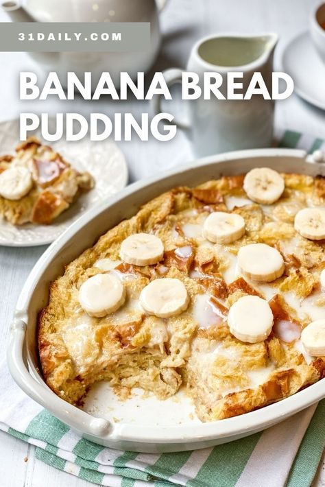 Banana Bread Pudding, is a simple and easy comfort food classic with a twist. It's the flavor of an ample sweet cinnamon custard baked into cubes of leftover bread, sweetened with bananas. It's a dream. Banana Bread Pudding Recipe, Cinnamon Custard, Bread Pudding Recipe Easy, Banana Bread Pudding, 31 Daily, Peanut Butter Bread, Bread Pudding Recipe, Make Banana Bread, Delicious Bread