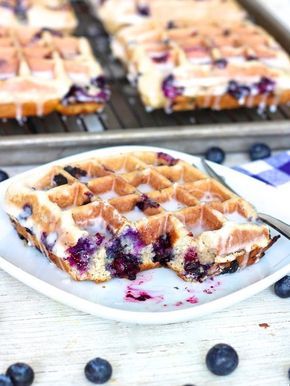 Blueberry Cake Waffles | Crispy waffles that are bursting with juicy blueberries and coated in a sweet sugar glaze just like a good ol’ blueberry cake donut! Cake Waffles, Blueberry Cake Donuts, Waffle Iron Recipes, Blueberry Waffles, Waffle Maker Recipes, Crispy Waffle, Waffle Cake, Stroopwafel, Blueberry Cake