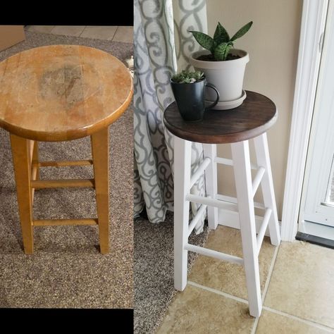 DIY refinished stool or plant stand Diy Plant Stand From Bar Stool, Refinished Stools, Stool Decor Ideas, Stool Upcycle, Barstool Makeover, Diy Furniture Upgrade, Stool Ideas, Stool Plant Stand, Stool Makeover