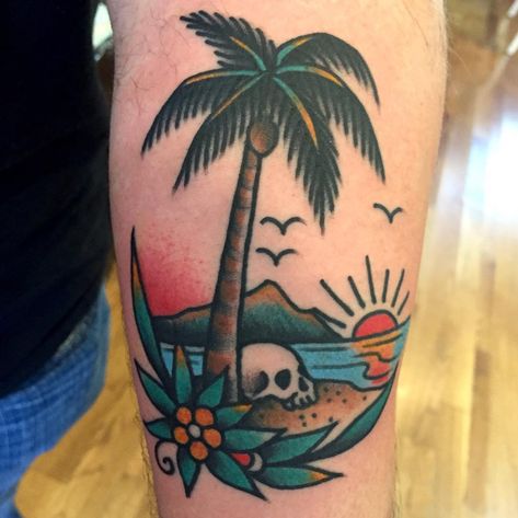 3,052 Likes, 18 Comments - Smith St. 718-643-0463 (@smithstreettattooparlour) on Instagram Beach Inspired Tattoos, Beach Tattoo Ideas, Tropical Tattoo, Hawaii Tattoos, Island Tattoo, Petit Tattoo, Palm Tattoos, Traditional Tattoo Sleeve, Tree Tattoo Designs