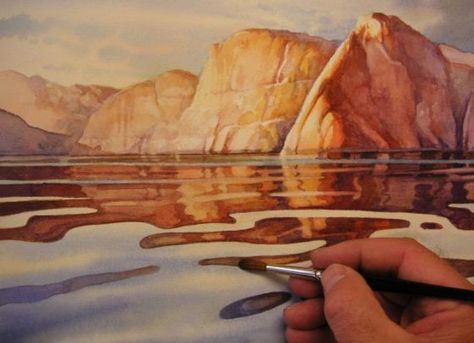 How to Paint Reflections – Lake Powell Morning – Roland Lee Western Watercolor, Reflection Painting, Brigham Young, Brigham Young University, Watercolor Water, Oil Painting Techniques, Lake Powell, Watercolor Sketchbook, Water Reflections