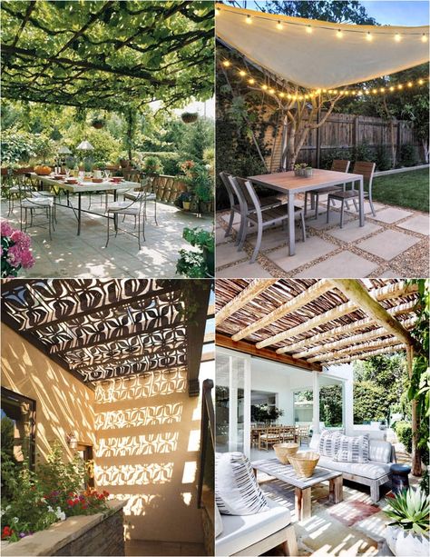 12 creative & attractive shade structures & patio cover ideas such as DIY friendly fabric canopy, shade sails, simple pergolas, vines for sun shades, etc! – A Piece of Rainbow #backyard #gardens #landscape #gardendesign #landscaping #gardenideas #pergola #shadesails #diy #summer #spring #porch #patiodesigns #patio #deck #curbappeal #homeimprovement home improvement, garden design, landscaping, patio decor Patio Shade Covers, Patio Cover Ideas, Patio Chico, Patio Water Feature, Patio Pond, Diy Pond, Backyard Shade, Small Patio Garden, Shade Sails