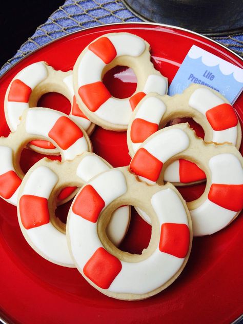 Shark Birthday Party Ideas | Photo 3 of 15 | Catch My Party Shark Birthday Party Ideas, Shark Week Recipes, Jaws Party, Shark Week Party, Shark Themed Party, Shark Cookies, Island Party, Boy Birthday Party Themes, Life Preserver