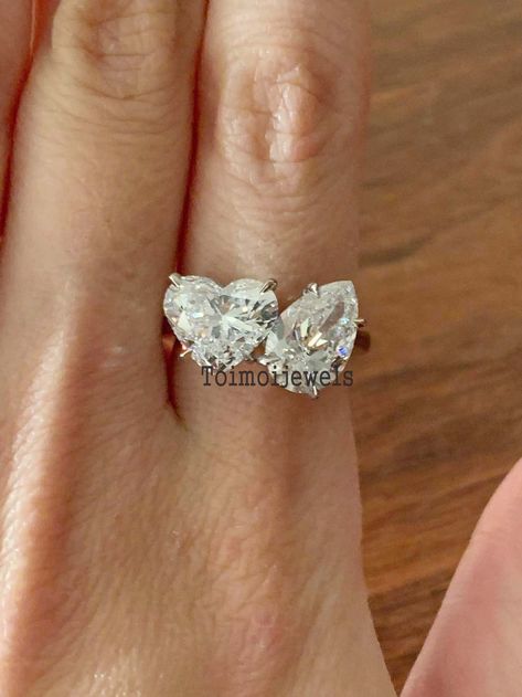 Heart Ring Diamond, Wedding Rings With Color, Heart Stone Ring, Heart Shape Engagement Ring, Two Diamond Ring, Heart Rings Engagement, 2 Stone Engagement Ring, Shapes Of Diamonds, Heart Shape Diamond Ring