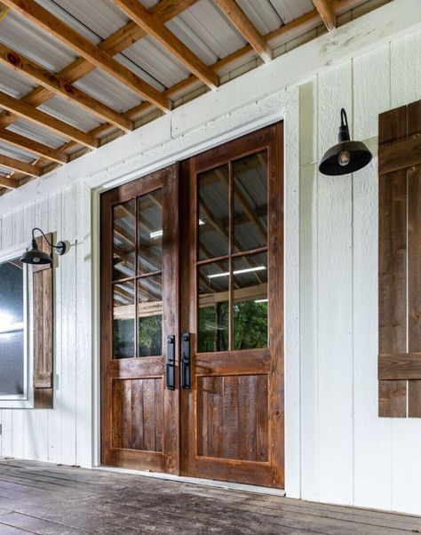 SHOP OUR CUSTOM DOORS | OZARK CUSTOM DOORS | NWA Double Farmhouse Doors, Farmhouse Back Door, French Barn Doors, Door Sidelights, Exterior Barn Doors, White Exterior Houses, Farmhouse Doors, Custom Doors, Shop Doors