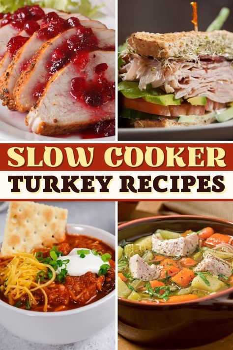 These slow cooker turkey recipes are perfect any time of the year! From chili to soup to traditional turkey and stuffing, put your Crockpot to work and make these tasty dishes. Crockpot Turkey Casserole Recipes, Shredded Turkey Crockpot, Can Cooker, Thanksgiving Crockpot Recipes, Hot Turkey Sandwiches, Turkey Casserole Recipe, Turkey Crockpot Recipes, Ground Turkey Soup, Turkey And Stuffing