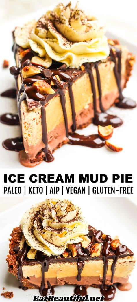 With a real food Chocolate "Oreo" Pie Crust, Ice Cream Mud Pie is decadent & incredibly delicious! Chocolate & Coffee (or Vanilla) ice cream + toppings! Paleo, Keto, AIP, Vegan and Gluten-free! | Eat Beautiful | paleo goodness | ice cream | mud pie | paleo | keto | aip | vegan | gluten free | recipe | dessert | recipe | real food | dairy free || #icecream #mudpie #paleo #keto #aip #vegan #glutenfree #dessert #summer #recipe #realfood #dairyfree Chocolate Oreo Pie, Vanilla Ice Cream Toppings, Kawaii Recipes, Mud Pie Recipe, Aip Vegan, Easy Chocolate Ganache, Oreo Pie Crust, Eat Beautiful, Paleo Vegetarian