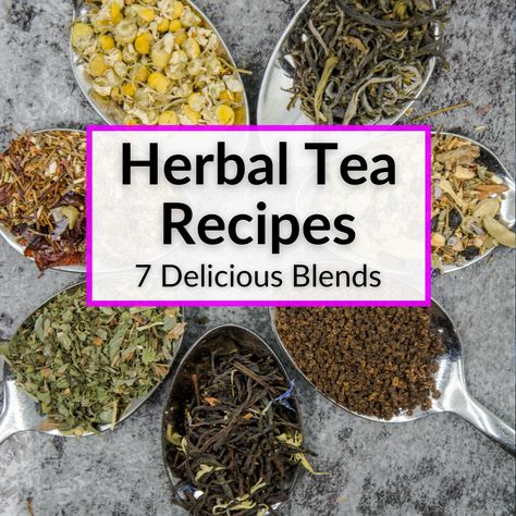 Homemade Tea Recipes Herbs, Making Herbal Tea Blends, Herbal Tea Diy Recipes, Herbal Tea Combinations, Herb Tea Blends, Tulsi Tea Blend, Tea Blends Recipes Herbal, Dry Tea Mixes, Home Made Tea Blends