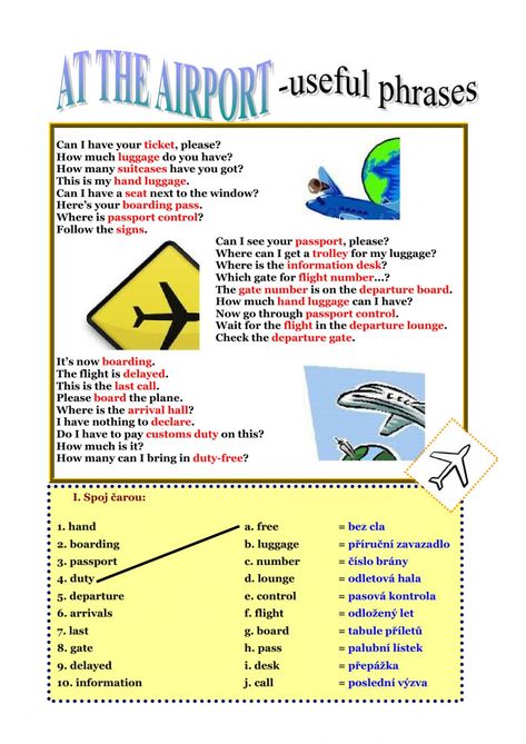 Airport Conversation English, Airport Phrases, English Conversation Worksheets, English Reading Skills, English Conversation For Kids, English Conversation Learning, Travel English, English Teaching Resources, English Conversation